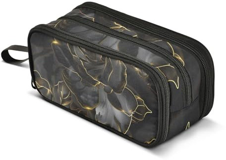 Black Gold Rose Pencil Case, Large Capacity Pen Bag for Boys Girls 3 Compartment Pencil Pouch Students Stationery Organizer Marker Case for School Office Work
