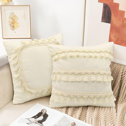 LUKDUNG 2 Stück Kissenbezug Boho, Quaste Kissenbezug, Boho Kissenhülle Weicher Dekorative, Lendenkissen Bettkissenbezug Kissen Deko für Sofa, Beige, 45x45cm