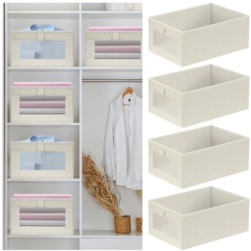 ZPONEED 4er Set Kleiderschrank Organizer, Schrank Organizer Aufbewahrungsbox mit Klarem, Schubladen Ordnungssystem, Ordnungsboxen Faltbar, 42 x 27.5 x 17 cm, für Hosen, Hemden, Kleidung, Beige