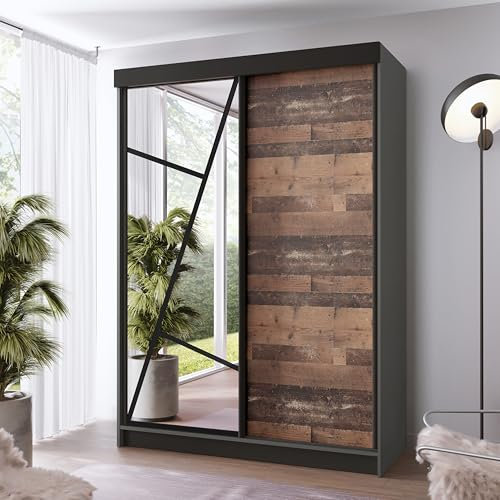 KIER FURNITURE - Schrank mit Spiegel - Kleiderschrank mit Schiebetüren, Fachböden und Kleiderstange - Garderobenschrank für Schlafzimmer, Flur - Graphit Grau & Old Style Holzoptik - 138x205x59cm
