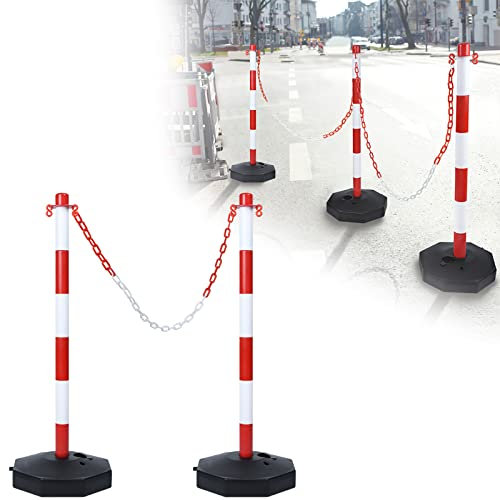 ROSEJANE 2 Stück Kettenpfosten Sperrpfosten, Kettenständer Poller aus Kunststoff, Absperrpfosten Absperrkette mit Standfuß befüllbar mit Wasser, Kieselsteine, Sand, Rot & Weiß