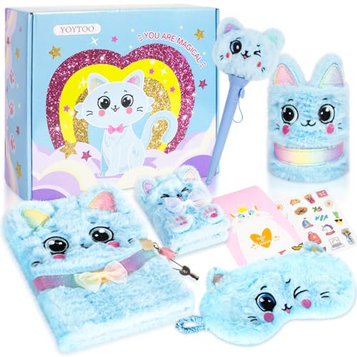 Pinkgarden Katzen Tagebuch Set, Plüsch Journal Notizbuch Set mit Stifthalter, Kugelschreiber, Augenmaske & Aufkleber - Geschenk für Kinder von 6-12 Jahren