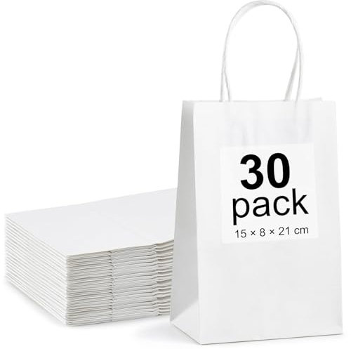 30 Stück Weiß Papiertüten mit Henkel- 18 x 21 x 8 cm,Kraftpapiertüte mit Henkel zum Geschenke, Papiertragetasche mit Kordelgriff, Geschenktüten