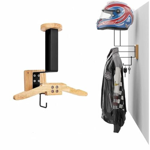 Helmet Stand, Wall-Mounted Helmet Display Holder with Hooks, Solid Wood & Heavy Duty Steel, Perfect for Motorcycle Bike Racing Outerwear Sports Gear, Storing Helmets, Coats, Hats, Tactical Gear (Wood)