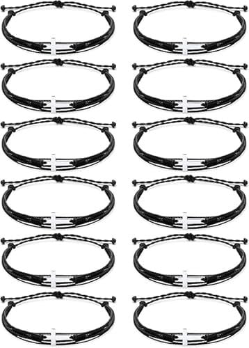 12 Pcs Cross Bracelet for Women and Men Cross Adjustable Nylon Rope Christian Handmade Braided Bracelet for Teens Kids Handmade Christian Jewelry Wish Bulk Cross Bracelets (Black)