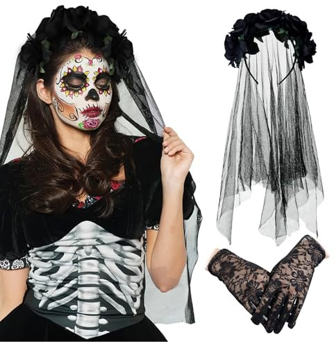 XIMEY Halloween Schleier, Schleier Halloween, Halloween Tag der Toten Haarreif, Halloween Tag der Toten Haarreif, Rosen Brautschleier schwarz, Halloween Haarreifen, Gothic Accessoires