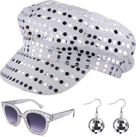 SDXCJY 3-teiliger 70er-Jahre-Paillettenhut, silberner Disco-Hut für Erwachsene,quadratischer Bling-Sonnenbrille, Disco-Kostüm-Set für Frauen, Themenparty, Geburtstag, Tanz (Silber) (Silber)