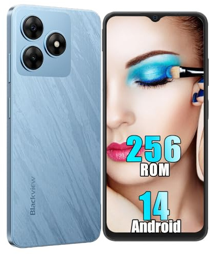 Blackview Phone Sim Free Unlocked, 12GB+256GB/TF2TB, Android 14 Mobile Phone WAVE 8, 5000mAh 10W, Octa-Core, 6.56'' HD+ Screen, 8MP+13MP, Dual SIM Smartphone, 3 Cards Slots, Face Unlock - Blue