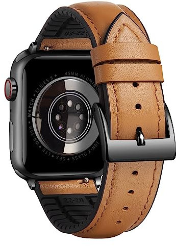 BINLUN Cinturino in Pelle Silicone Compatibile con Apple Watch 38mm 40mm 41mm 42mm Microperforazioni Pelle e Gomma Ibridi Cinturini Adatto per iWatch Uomo Donna(Nero Fibbia,Marrone Chiaro)