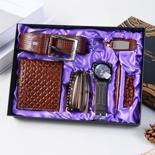 Coffret Cadeau Hommes en Cuir de Supérieure Montre-Bracelet Ceinture Porte-Clés Lunettes Portefeuille Saint-Valentin, Fête des Pères, Cadeau D’anniversaire de pourlui, Cadeau de Luxe Pour Mari (B)