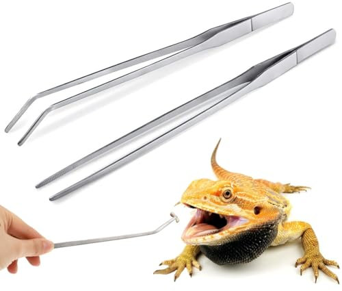 AEIOPRS 2 Pcs Pinzas de Alimentación Acero Inoxidable Extralargas con Punta de Goma para Reptiles y Acuario