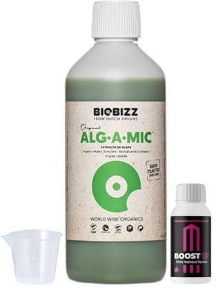 GROWMANIA Alg-A-Mic von BioBizz 500 ml + Probe Boost Up von Up Nutrients + Messbecher | Organischer Pflanzenstimulator für städtische Pflanzen | Fördert Gesundheit und Vitalität in städtischen Gärten
