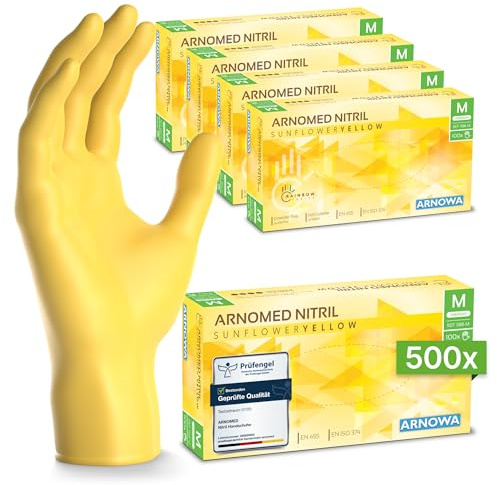 500x ARNOMED® Einweghandschuhe Gelb, Nitril Handschuhe, Einmalhandschuhe M | Nitrilhandschuhe Einweg puderfrei, Gummihandschuhe Einweg, Schutzhandschuhe, Handschuhe Nitril in XS, S, M, L