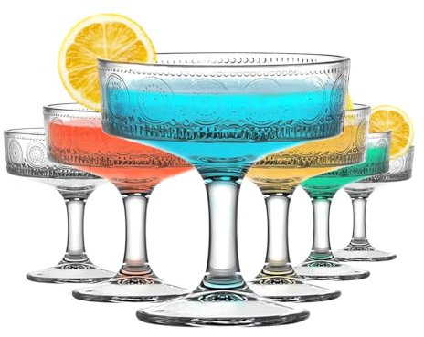 TOLASTO Lot de 6 verres coupés vintage de 200 ml, verres à martini, verres à cocktail cannelés floraux, verres à margarita transparents uniques, verres romantiques pour cocktail, vin, champagne