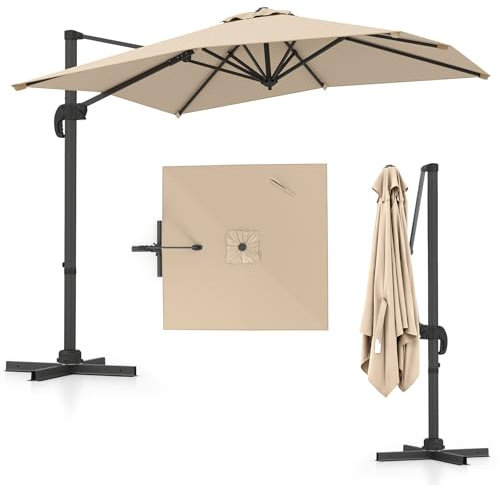 COSTWAY Sonnenschirm rechteckig 250 x 250 cm, großer Ampelschirm mit Kurbel, Gartenschirm neigbar, 360° drehbar, Terrassenschirm, Marktschirm für Garten, Terrasse, Balkon (Beige)