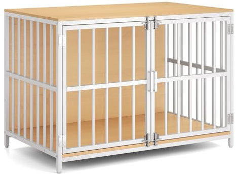 GYMAX Dog Crate Furniture, Heavy Duty Dog Kennel with Dual Lockable Double Doors, Indoor Pet Kennel Side Table for Small and Medium Sized Dog, 100 x 60 x 70 cm (Natural)