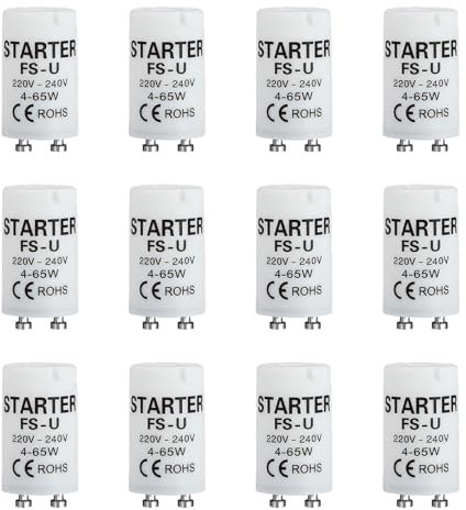 12 Pezzi Starter Neon, Reattore Neon 4-65W, Starter per Lampade Fluorescenti 220-240V, Ignifugo e Sicuro Senza Piombo, Accensione Rapida e Stabile per Illuminazione Efficiente