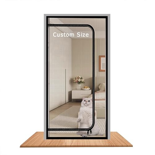 Fly Screen Door Cat Door Screen Custom Size, Pets Proof Door Curtains with Zipper, Cat Resistant Scratch Proof Mesh for Window Balcony Living Room Bedroom (Custom Size)
