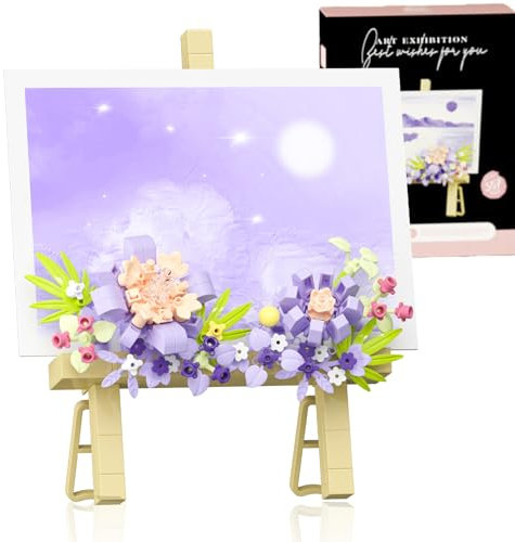 Botanical Mini Flower Bouquet Building Bricks Set - Creative STEM Desk Decor.Block Easel For Photo Easel & Message Plaques,DIY Craft Kit, Kids Adults Home Office Gift (Purple 357pcs)