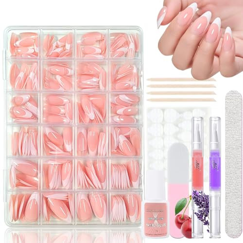 Virellay 360 Stück French Press on Nails Mandel Long, Alomnd Künstliche Nägel Zum Aufkleben French mit 2 Pcs Nagelöl Stift, Nail Tips Almond, Long Fake Nägel Französisch für Frauen DIY