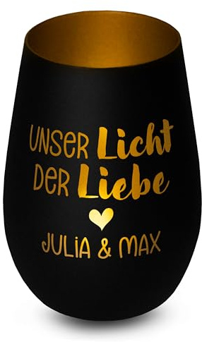 Windlicht personalisiert „Unser Licht der Liebe“ - Liebesgeschenk für Paare, Geschenk zum Jahrestag, zur Hochzeit für Brautpaar, Dekoration - hochwertiges Glas mit Gravur - Schwarz, innen Gold