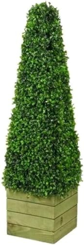 Artificial Pyramid Tree – 3ft (90cm) Tall – Single or Pair – UV Resistant, Weatherproof Cone Topiary – Pre-Potted in Stylish Wooden Planter – Indoor & Outdoor Decor (Single)