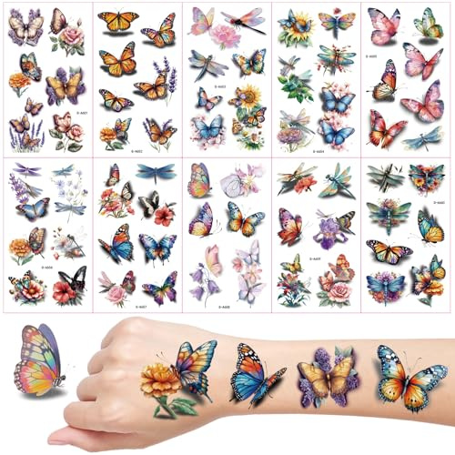 Schmetterling Tattoos für Kinder, 10 Blätter Aquarell 3D Temporäre Tattoos | Kinder Tattoos Hautfreundlich, Schultüte Füllung, Mitgebsel Kindergeburtstag