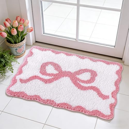 Fußmatte Schleife, Hochwertige Teppich 40x60cm, Fußmatte Innen Außen, Schmutzfangmatte Rutschfest, Fussmatte Waschbar Wetterfest,Fussmatten Haustür Türmatte für Eingangsbereich Aussenbereich (Rosa)