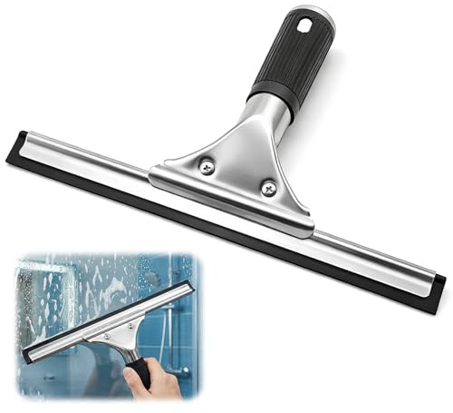 Fofuo 25cm Professional Window Squeegee Stainless Shower Screen Wiper | Rubber Blade Non-Slip Handle Shower Squeegee Cleaner Wiper for Bathroom Door Tiles Mirror Glass Car Window Cleaning Equipment