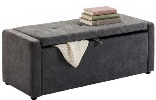HOMCOM Cassapanca 142L Effetto Lino Seduta Imbottita 2 Posti Grigio Scuro | Pouf Contenitore Poggiapiedi Grande, Panca Contenitore, Struttura in Legno, 200 kg, Soggiorno, da Interno, 122x48x44cm