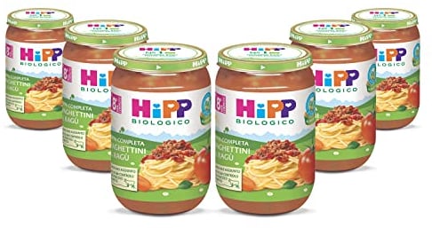 HiPP - Pappa Pronta Completa Bio, Spaghettini al Ragù Delicato, per Bambini, Senza Sale Aggiunto, 6 Confezioni da 220 gr