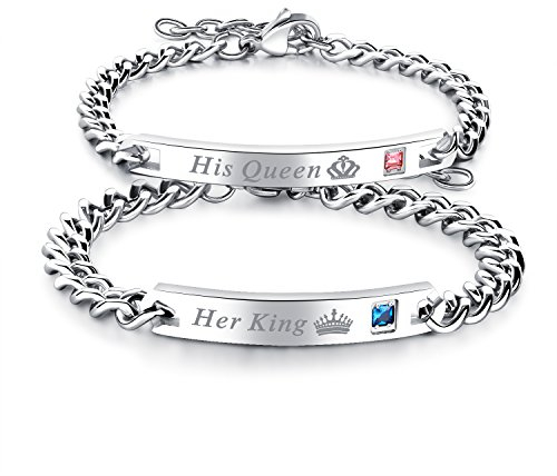 JewelryWe Valentinstag Schmuck 2pcs Herren Damen Partner Armband, Lieben Freundschaftsarmband Geschenke, Her King & His Queen Schrift Krone, Edelstahl Zirkonia, Silber, kostenlos Gravur