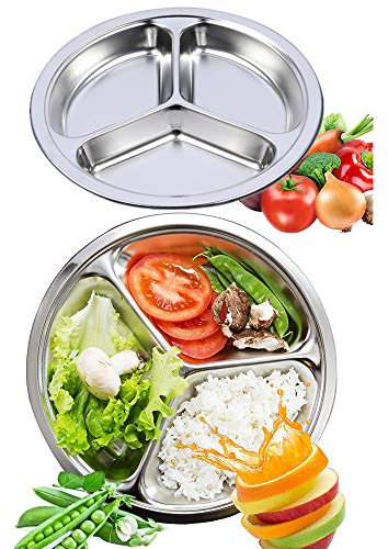 Edelstahl unterteilten Teller, aiyoo rund geteilt Speiseteller-Set der 2 MESS Tabletts, 3 fach Camping Teller Food-Tablett für Kinder, Babys, Kleinkinder Servierplatte, silber, 24CM-9.5Inch