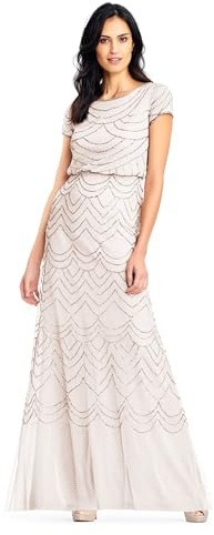 Adrianna Papell Women's Short Sleeve Blouson Beaded Gown Special Occasion Dress, Blush/Gold, 14