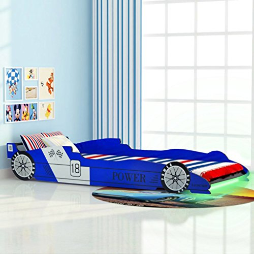 Festnight Kinderbett Autobett Rennwagen ohne Matratze mit LED 90 x 200 cm Blau