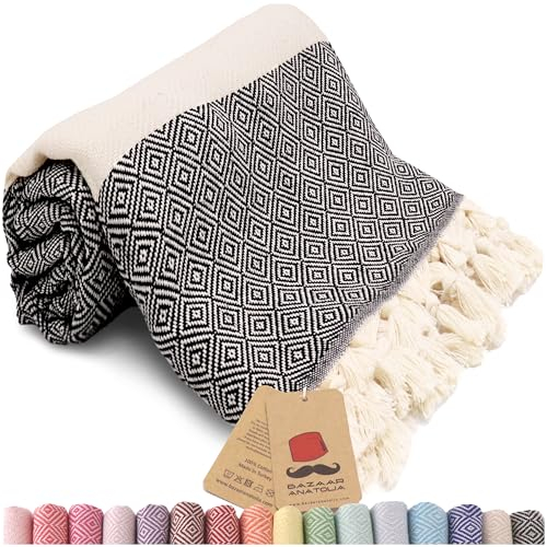 Bazaar Anatolia Hamamtuch Saunahandtuch Strandtuch Saunatuch 100% Baumwolle Badetuch Groß 185x100 cm Orientalische Deko Decken Boho Sauna Yoga Diamant (Schwarz)