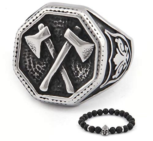 BaviPower Viking Double Battle Axe Warrior Norse Protection Ring Stainless Steel Asatru Pagan Jewelry for Men Women