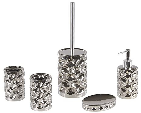 Elegantes Badezimmer-Zubehör 5-teilig aus Keramik in Silber Tirua
