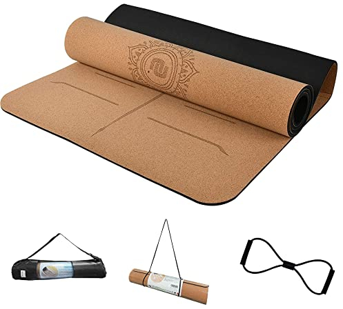 NUNET Cork Yoga Mat 6mm Thick Extra Wide 72'' x 26'' Premium Quality Non Toxic NonSlip Eco-friendly, Lightweight TPE foam with Alignment Lines, Great for Hot Yoga, Pilates, Gym and Exercise, Black Car