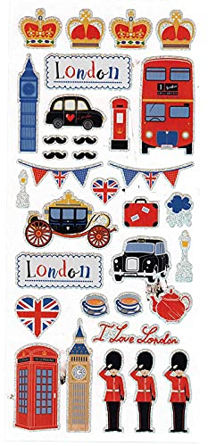 London Fancy Icons Sticker Set - Big Ben, Kronen, Gold State Coach Carriage, Royal Guard, British Moustaches, English Tea Cups and Kettle, Union Jack Heart, Bus, Taxi, Telefonzelle, Briefkasten, Regen