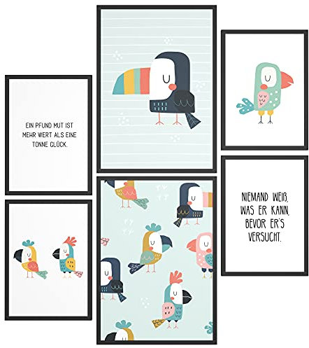 Papierschmiede® Bilder Kinderzimmer Kids Mood Poster Set Safari, Kinderzimmer Bilder Babyzimmer Deko, 2x DIN A4 und 4x DIN A5, Papagei Tukan Insel Paradies Tiere Savanne - Kinderposter ohne Rahmen