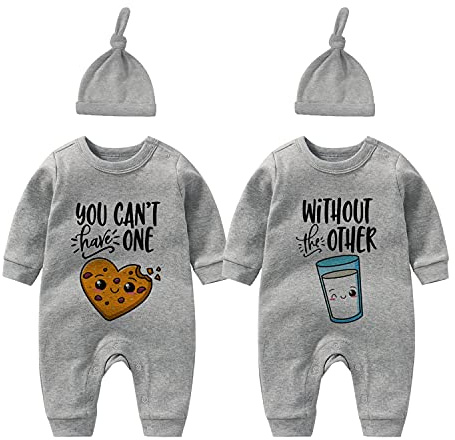 culbutomind Baby Zwillinges Stramplers Love Milk Baby Body Fun Langarm Geschenk Für Geburt Baby Jungen Mädchen Zwillinge Babybekleidung Mit Hut(grau 3m)