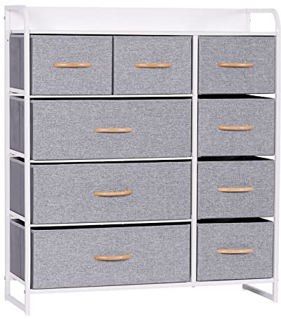 LYNCOHOME Chest of Drawers,Cationic fabric 9-Drawer Storage Organizer Unit for Bedroom Living Room Closet, Sturdy Steel Frame, Easy Pull Fabric Bins & Wooden Top, Fabric Dresser (Snow gray)