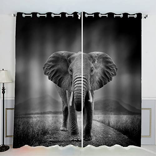 MOUPL 3D Afrika Tiere Elefanten Gardinen mit ösen B 140 X H 100 cm Polyester Vorhang Blickdicht Verdunkelungs Kindervorhänge 2 Stücke für Wohnzimmer Schlafzimmer Kinderzimmer Junge Mädchen