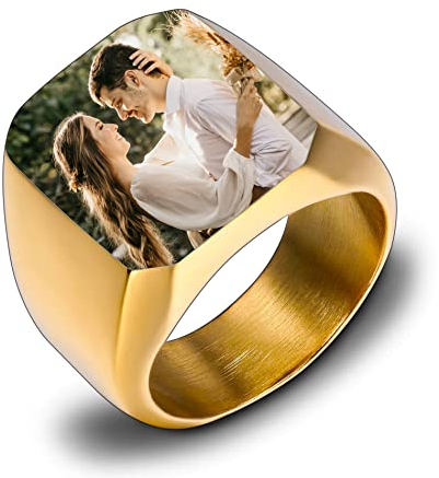 OTXIXTO Personalisierter Siegelring, Edelstahl Schmuck, Farbbild Gravur für Männer, Frauen, Erinnerungsstück, Beste Freundin Geschenke, Klobiges Band mit Ringgrößen Verstellter (Gold, Größe 60)