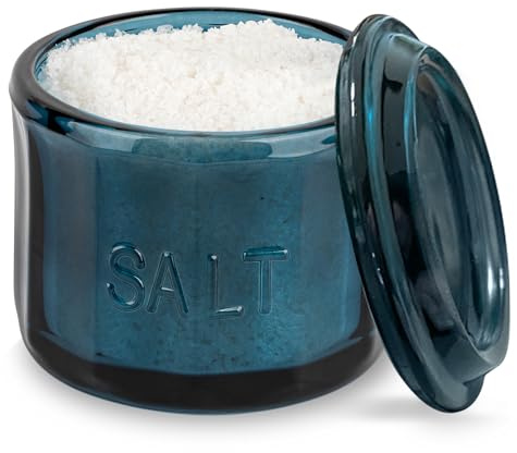 KooK Glass Salt Cellar, with Lid, Embossed Pressed Glass, Clear Storage Container, for Coffee, Sugar, Spices and Candies, Hand Wash Only, 10 oz, (Navy Blue)