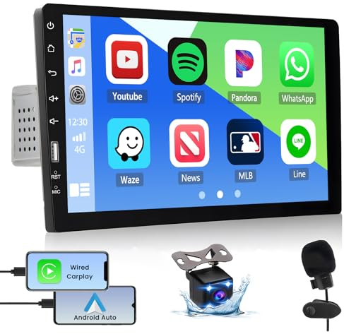 Hikity 1 DIN FM Am Radio de Coche Carplay, 9 Pulgadas Pantalla Táctil Bluetooth Manos Libres Autoradio con Android Auto, Control por Voz, SWC, Mirror Link, Cámara Trasera