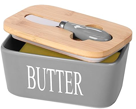 Lxmons Ceramic Butter Dish with Wooden Lid, Large Butters Container Keeper Storage with Stainless Steel Knife Spreader, Bamboo Cover and Silicone Sealing Ring for West East Coast, Grey