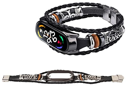 HURRISE Lederarmband, für 7 NFC-Armband, Metallschnalle, Ethnischer Stil, Retro-Smartwatch-Ersatzband für Mi Band 7 (Schwarz und Schwarz)