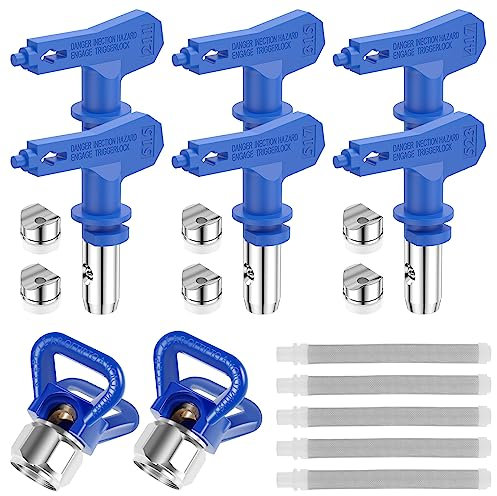 6Pcs Airless Paint Sprayer Tips Reversible Airless Spray Paint Gun Nozzle (211 315 417 515 517 523) with 2 Pcs Nozzle Guards and 5 Pcs Filters for Home Roof Deck Fence